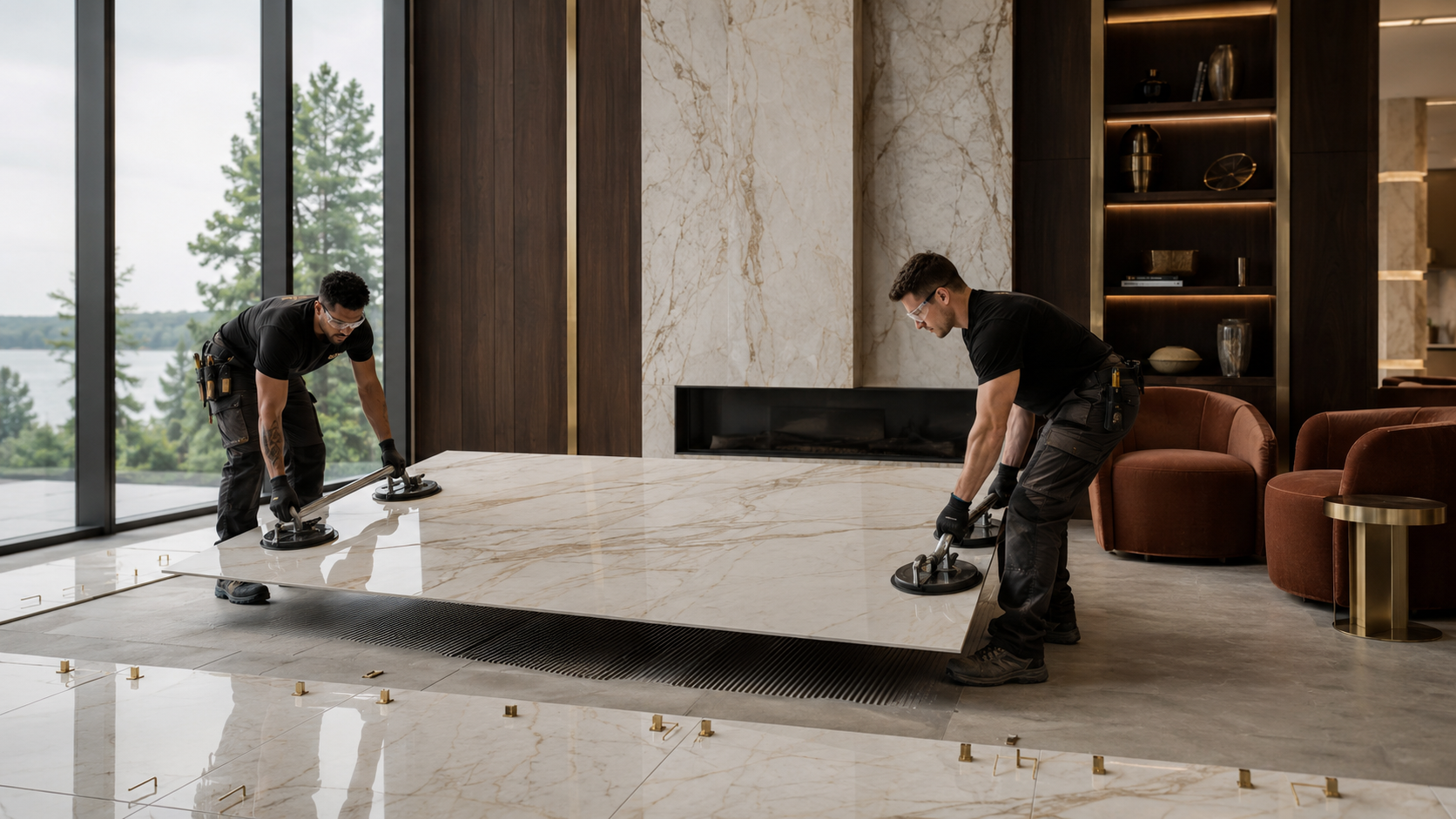 Professional finishing fresh grout lines around porcelain floor tiles in a luxury bathroom.