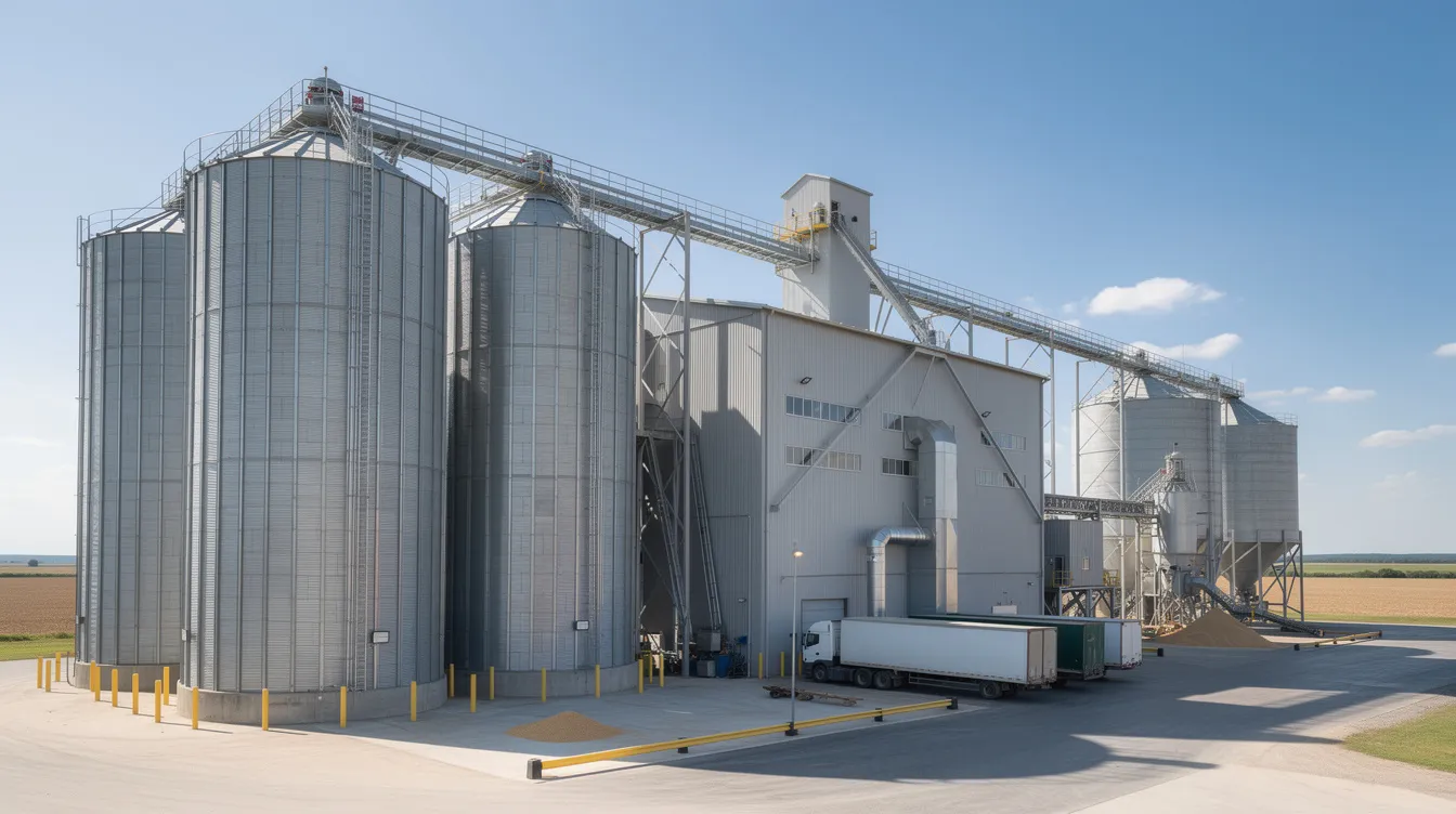 The image depicts the exterior of a large industrial soybean processing plant, featuring multiple storage silos and extensive conveyor systems used in soybean oil production. This facility is essential for the soybean processing industry, facilitating oil extraction and the creation of soybean meal for various applications.