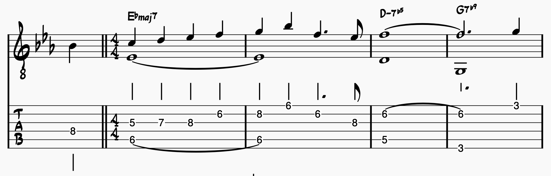 Chord Melody Guitar: There Will Never Be Another You Melody and Bass Notes; bars 1-4