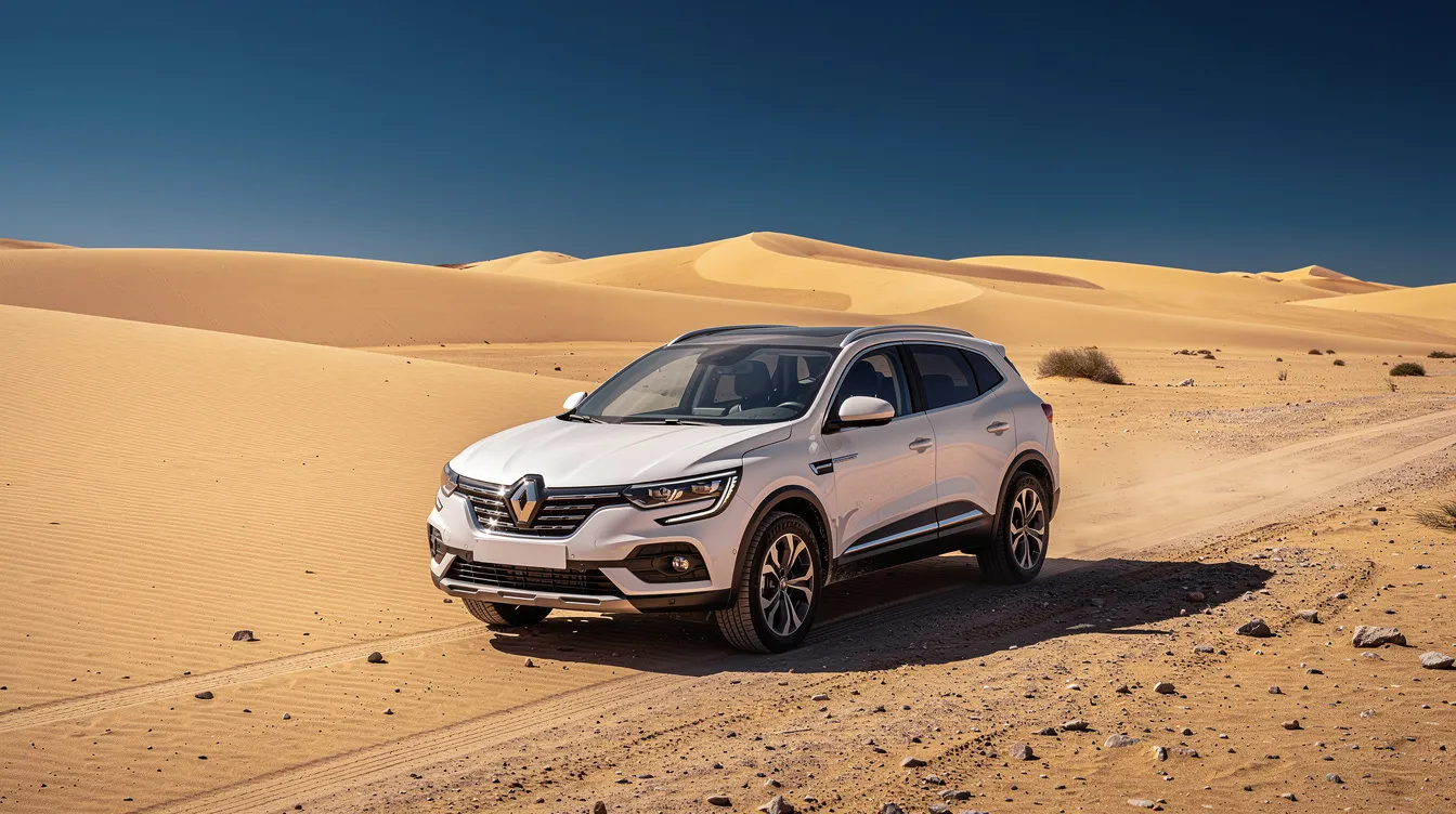 Un SUV bianco parcheggiato su una pista polverosa con dune di sabbia sullo sfondo.