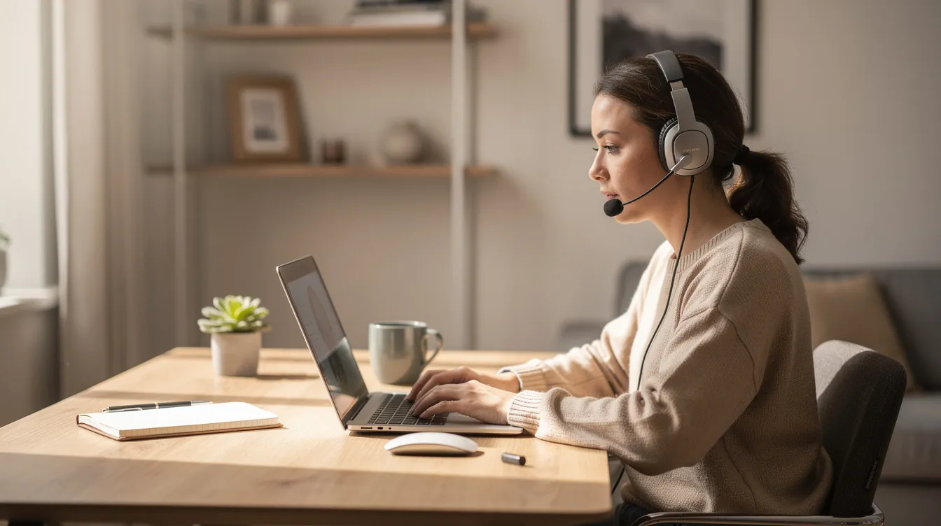 A person is sitting at a well-organized home office desk, working on a laptop while wearing a headset. This setting reflects the growing trend of remote work among medical coders and billing professionals, who often require specialized knowledge and certification in medical billing and coding.