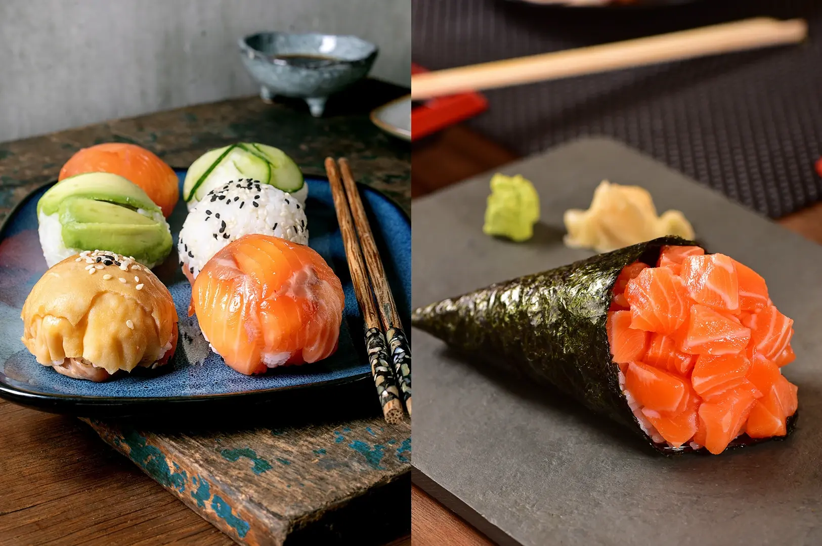 Side-by-side view of round Temari sushi on a blue plate and a salmon-filled Temaki hand roll on a slate platter.
