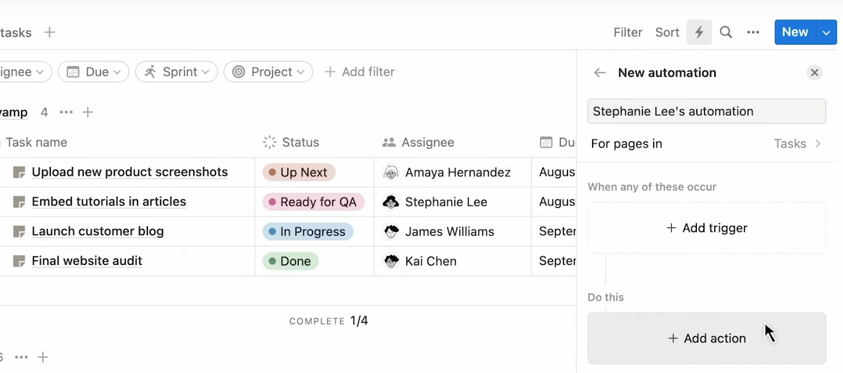 A screenshot of Notion's database automations, an example of build-in workflow automation software.