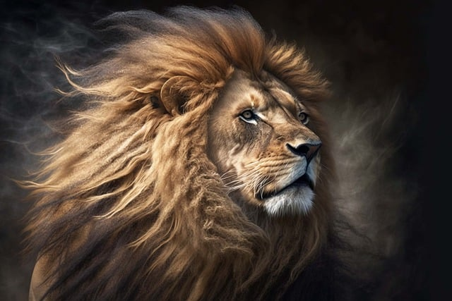 AI generated artwork of a lion. His mane is behaving like it would in the real world.