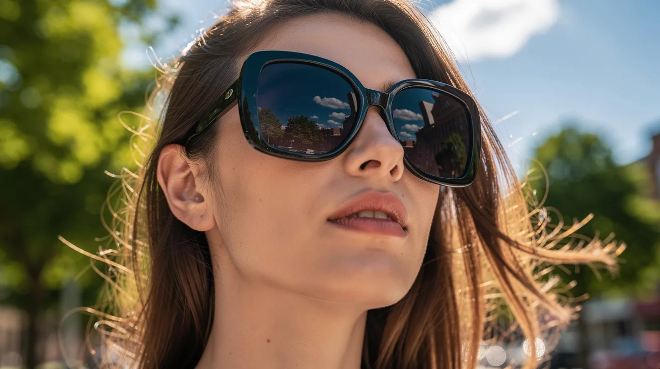 A person is outdoors on a bright day, wearing large dark sunglasses that shield their eyes, possibly indicating they are in the recovery phase after undergoing upper blepharoplasty. The sunglasses may help reduce sun exposure and support the healing process by minimizing residual swelling and protecting the delicate skin around their eyelids.