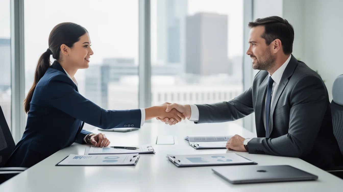 The image shows two professionals shaking hands across a conference table, with various documents related to business contracts and loan obligations visible. This gesture symbolizes a mutual agreement, potentially involving personal guarantees and responsibilities for business owners in securing financing.
