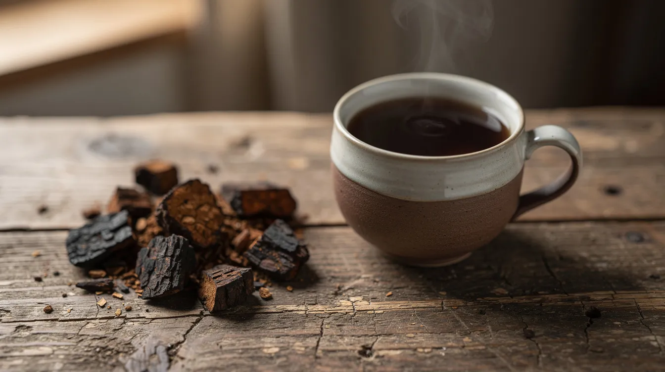 A small ceramic cup filled with dark chaga tea sits on a rustic wooden table, accompanied by dried chaga chunks. This image highlights the medicinal properties of chaga mushrooms, known for their potential health benefits, including boosting immunity and reducing inflammation.