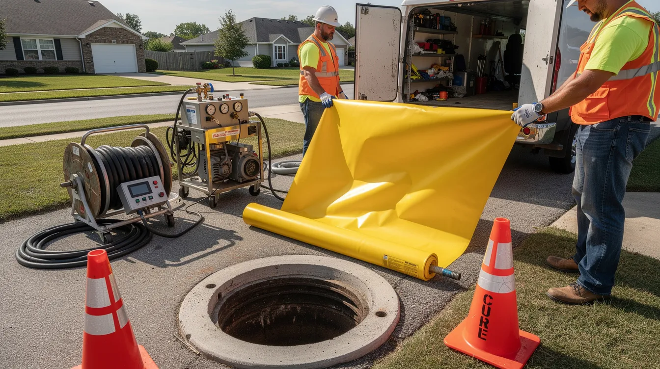 The image shows a yellow CIPP liner being prepared for insertion into a residential sewer pipe, with various work equipment visible nearby, indicating a sewer line repair process. This trenchless sewer repair method aims to address issues such as broken sewer pipes or clogged drains without extensive excavation.
