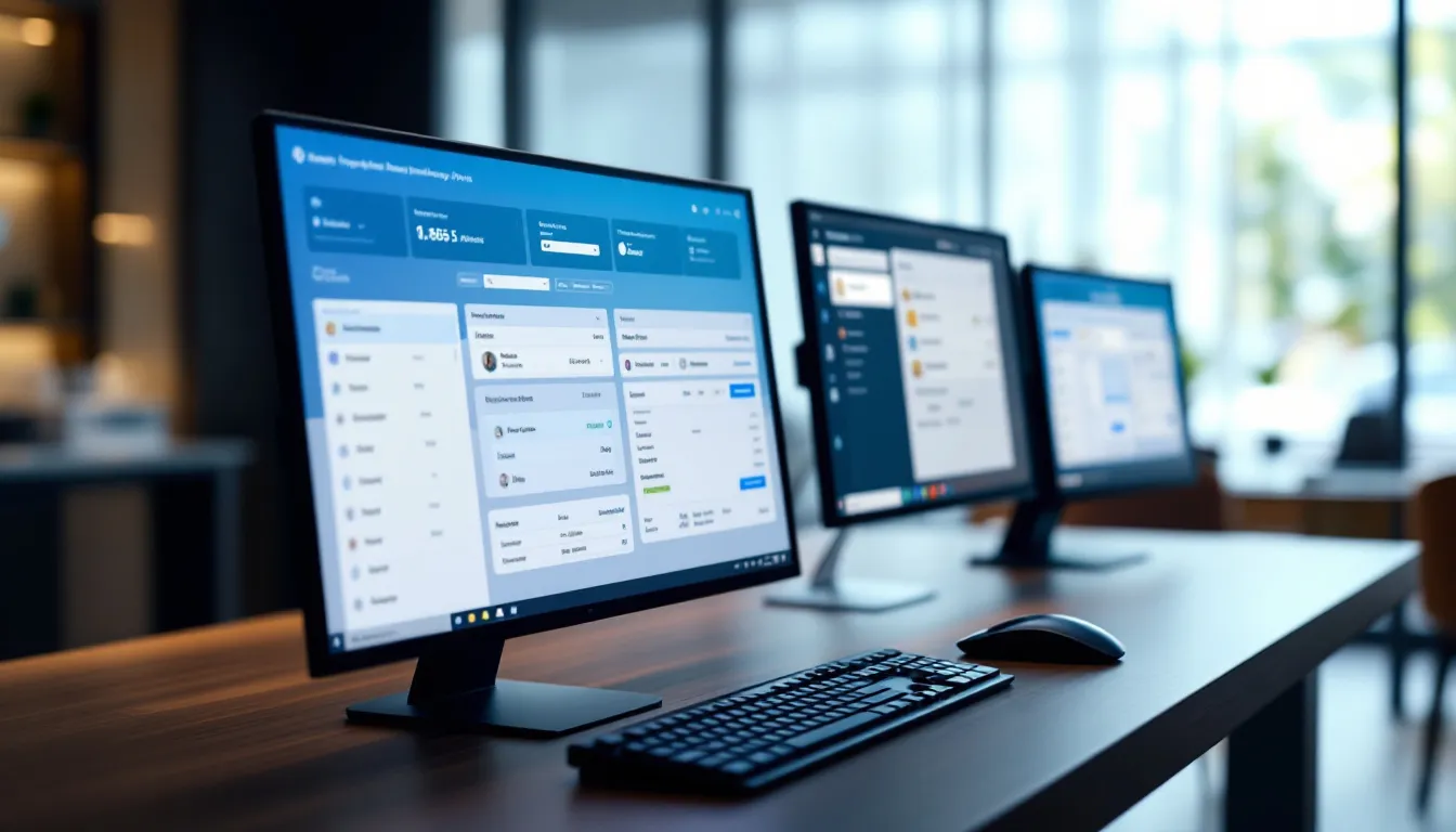 In the image, a modern hotel technology setup is displayed, featuring multiple monitors that showcase integrated Property Management Systems (PMS) used during the night audit process. This setup is essential for night auditors to efficiently manage hotel operations, monitor room occupancy, and ensure guest satisfaction through accurate financial reporting.