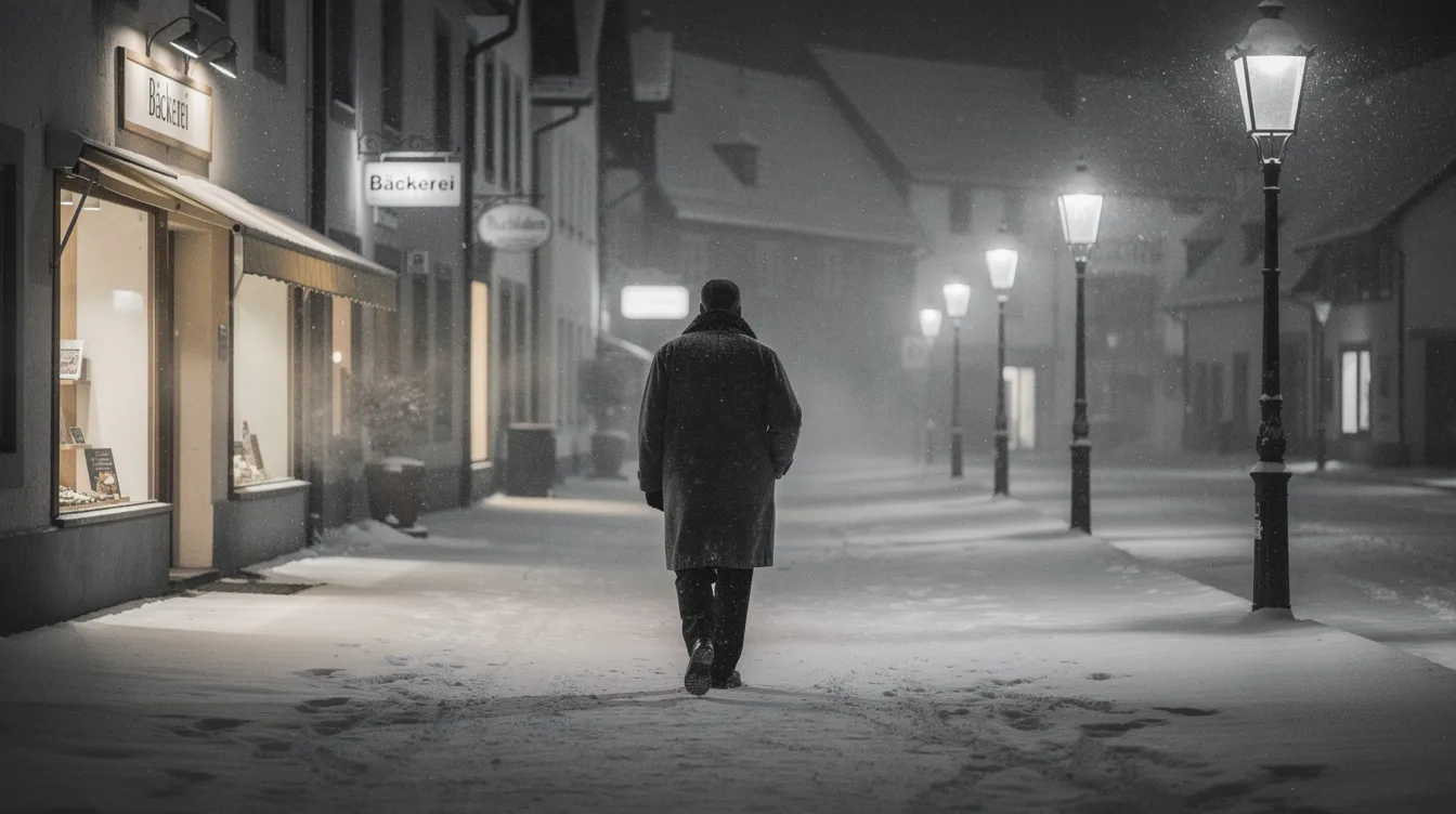 In dieser Schwarz-Weiß-Szene sieht man einen Mann in einem Wintermantel, der durch eine verschneite Kleinstadtstraße geht. Um ihn herum leuchten die Schaufenster und Laternen in der Nacht, was eine nostalgische Atmosphäre schafft, die an den Klassiker "It's a Wonderful Life" erinnert.