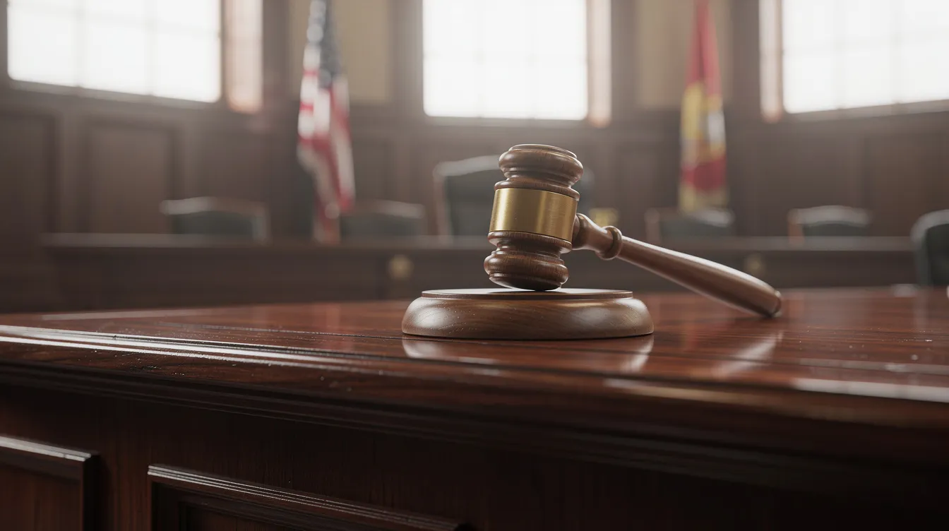 The image features a wooden gavel resting on a judge's bench in a courtroom, symbolizing the authority of the court in legal matters, such as bad faith insurance claims and personal injury cases under New Mexico law. The gavel is a reminder of the legal duty to handle claims fairly and the importance of good faith in insurance contracts.