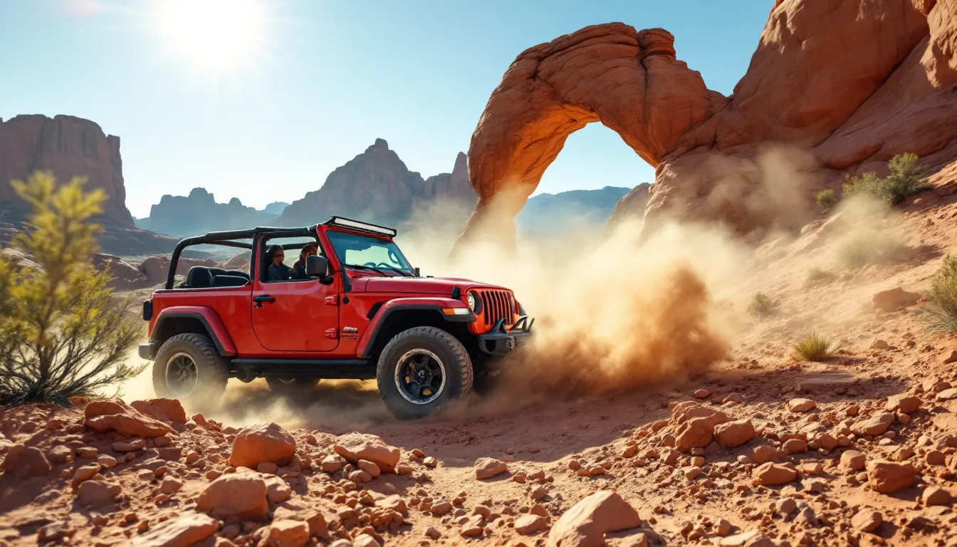A thrilling Moab jeep tour takes you through breathtaking landscapes, showcasing the stunning red rocks of Arches National Park and the rugged terrain of Canyonlands National Park. Experienced guides lead you on an unforgettable journey along backcountry trails, offering scenic overlooks of the Colorado River Canyon and the La Sal Mountains.