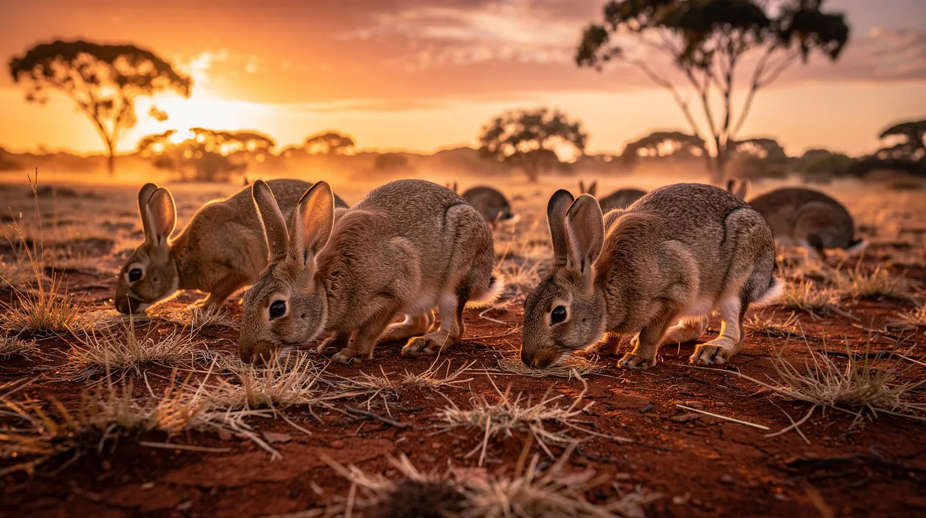 A group of wild rabbits grazes on dry grassland in an Australian landscape, bathed in the warm hues of sunset. The scene captures the natural environment where these introduced species thrive, surrounded by sparse plants typical of the region.