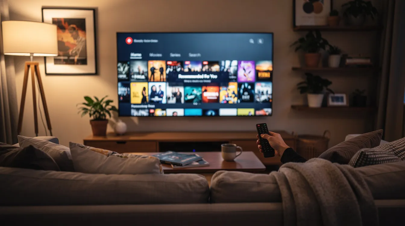 A person is comfortably seated on a couch, holding a TV remote while enjoying a smart TV that displays a vibrant streaming menu interface. The well-decorated living room suggests a cozy atmosphere, perfect for exploring various IPTV services and streaming live TV channels.