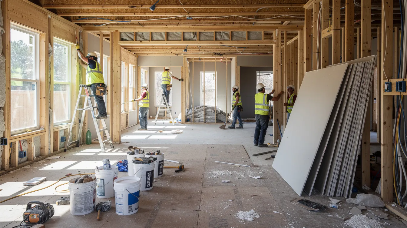 The image depicts a bustling construction site where workers are actively renovating the interior of a residential property, surrounded by tools and materials. This scene highlights the importance of home renovations, which can enhance a home's equity and potentially be financed through options like a home equity line of credit or home equity loan.