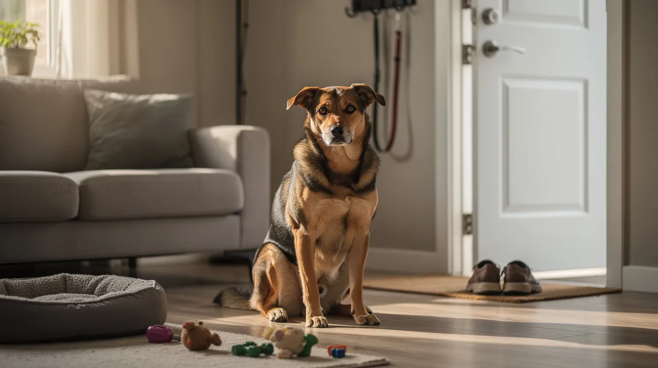 The image depicts a concerned dog sitting at the door, displaying signs of separation anxiety, such as excessive drooling and anxious body language. The dog's behavior suggests distress related to the owner's departure, highlighting the emotional challenges many dogs face when left alone.