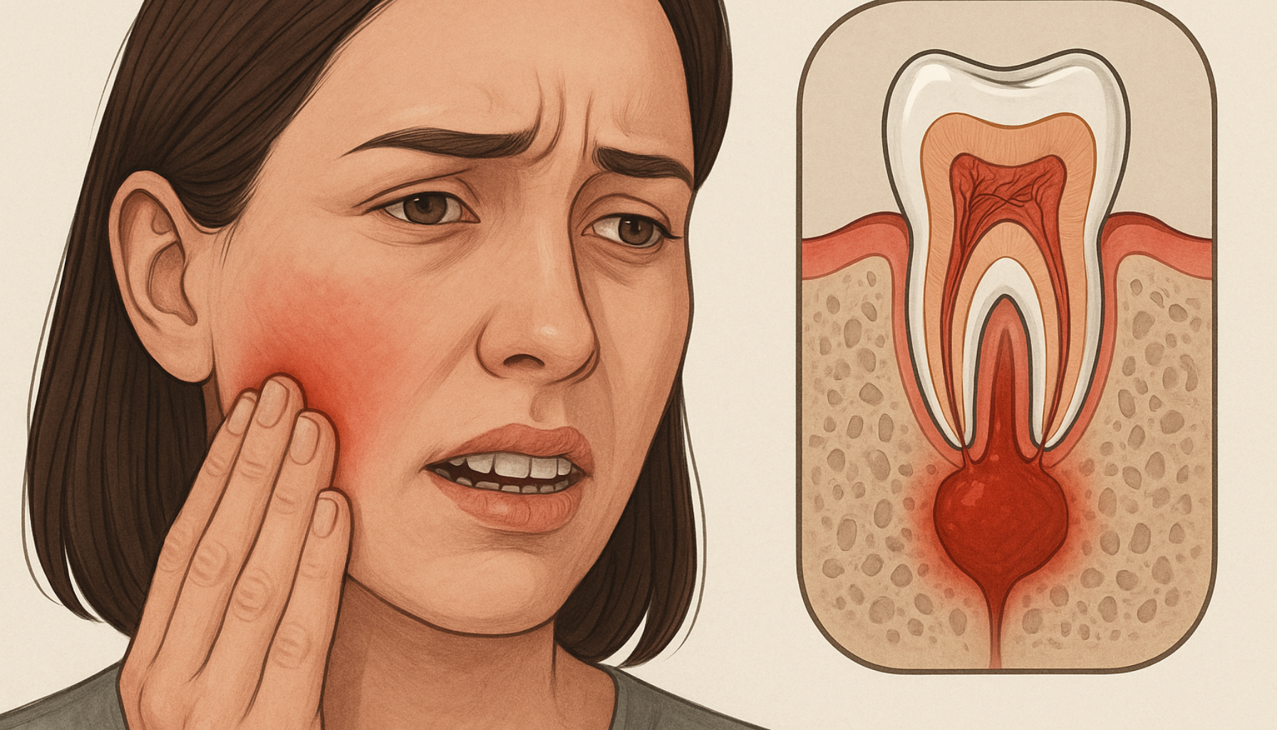 Tannbetennelse: Den Skjulte Infeksjonen Som Kan Ødelegge Mer Enn Bare Tanna 13 Illustrasjon av kvinne med betent tann og hevelse i kinnet, ved siden av detaljert diagram av infisert tannrot og kjeveben.