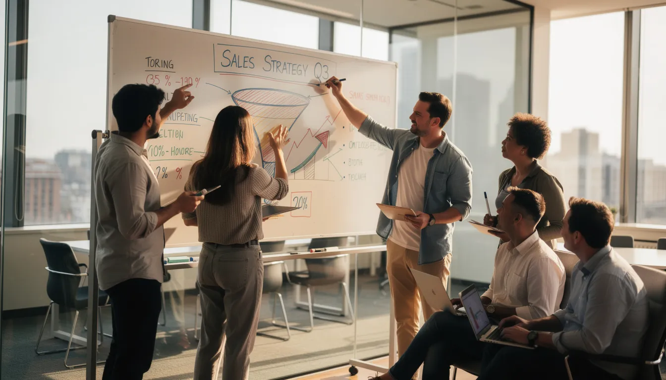 What Is a Sales Process? Definition, Steps, Benefits, And More 1 A diverse group of sales team members is gathered around a whiteboard, actively discussing strategies to enhance their structured sales process. They are collaborating on effective sales techniques and sharing insights to improve their sales efforts and overall sales cycle.