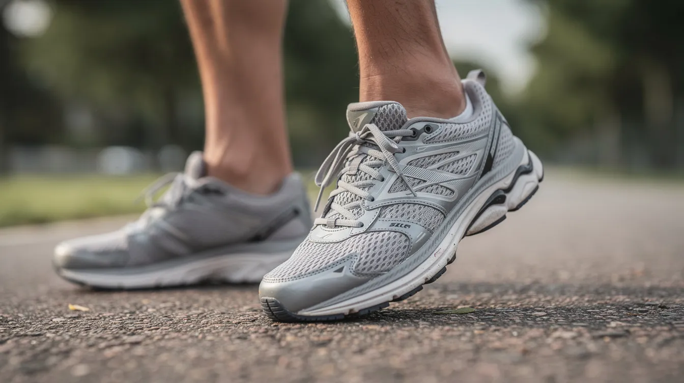 A man is walking on a paved path, captured from ankle height, wearing supportive running shoes designed to alleviate plantar fasciitis pain. These shoes offer good arch support and cushioning, providing comfort and stability for those dealing with heel pain and foot pressure during daily activities.