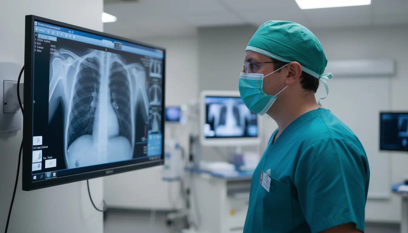 How Much Does Lung Cancer Surgery Cost in the UK? 2 A surgeon in scrubs is intently reviewing a patient's scan on a monitor, likely assessing options for lung cancer treatment. This image reflects the critical role of diagnostic tests in forming a treatment plan for cancer patients.