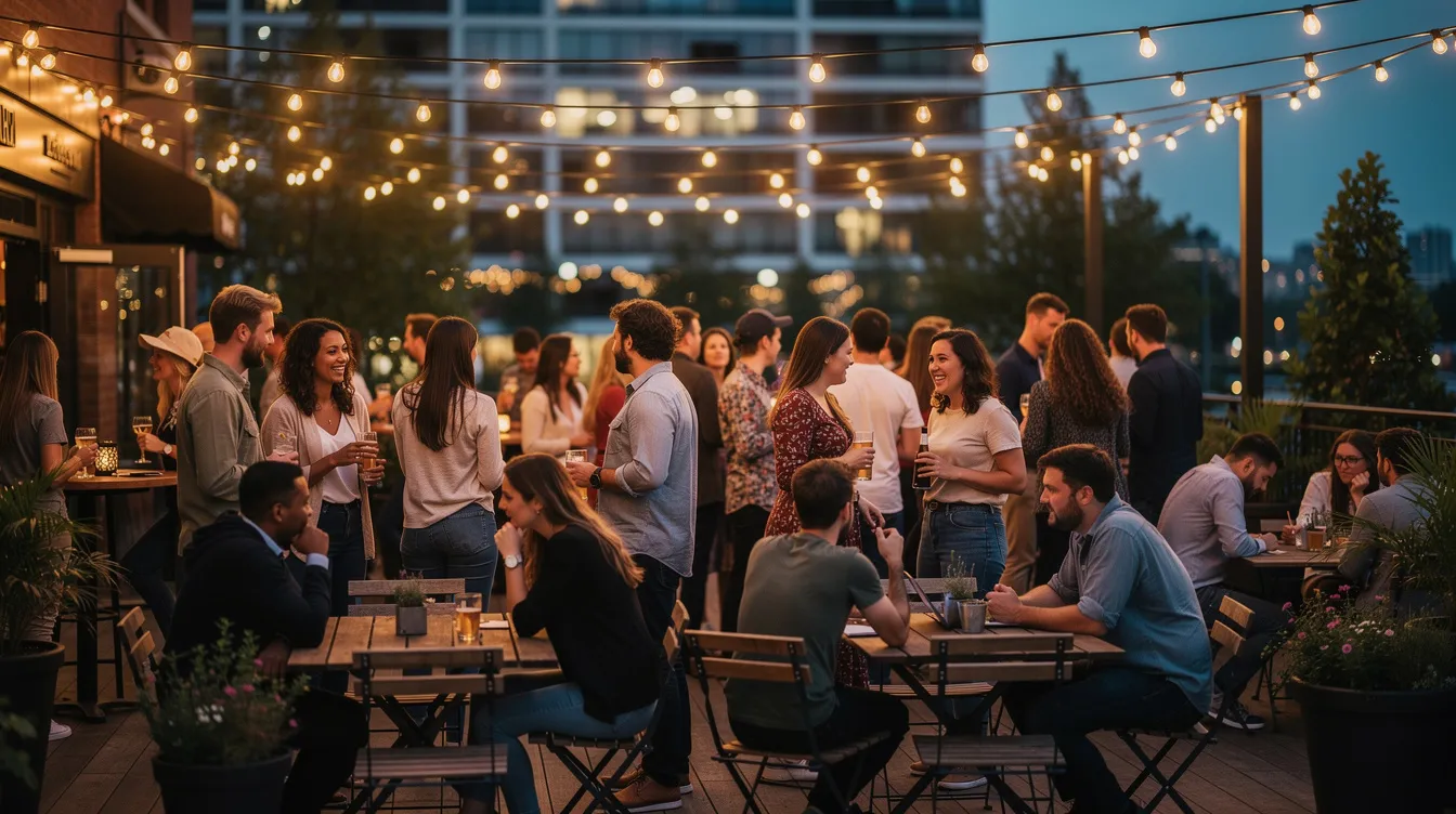 The image depicts a bustling outdoor patio filled with people mingling under twinkling string lights, creating a vibrant atmosphere perfect for socializing. Guests are enjoying drinks and conversations, making it an ideal spot for new friends to connect at one of the best bars in Williamsburg.