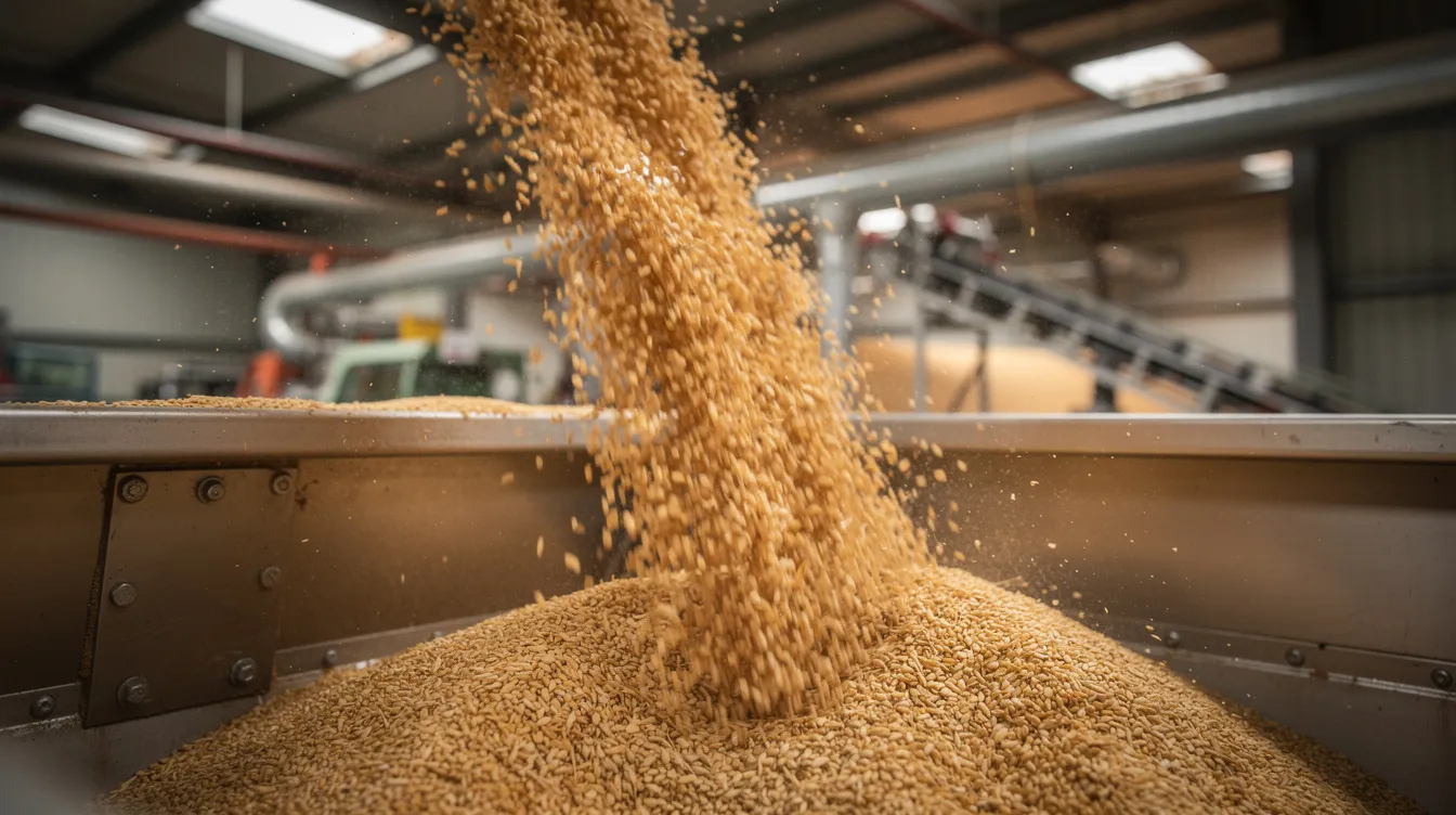 ea913e67 ccc1 44f7 97bb 9fbfa793c1e1 The image shows wheat grains being poured into an industrial hopper at a grain processing facility, highlighting the initial stage of the milling process in a fully automatic atta chakki plant. This setup is designed for bulk production, ensuring consistent flour quality and efficient processing of wheat into fine flour.
