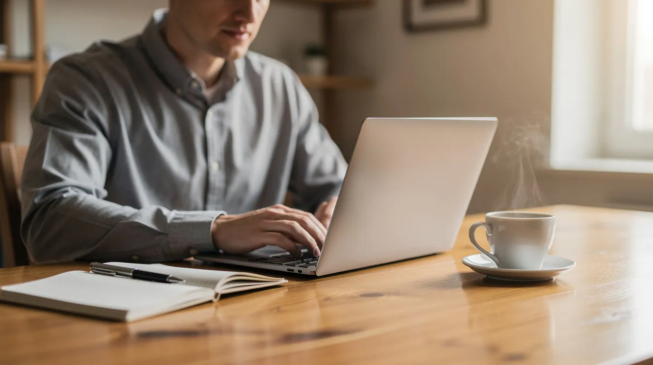 A freelancer is seated at a wooden desk, focused on their laptop, with a coffee cup and a notebook beside them, illustrating a productive workspace ideal for managing multiple client websites. This scene embodies the essence of agency hosting, where efficient workflow and organization are key to handling various client projects seamlessly.