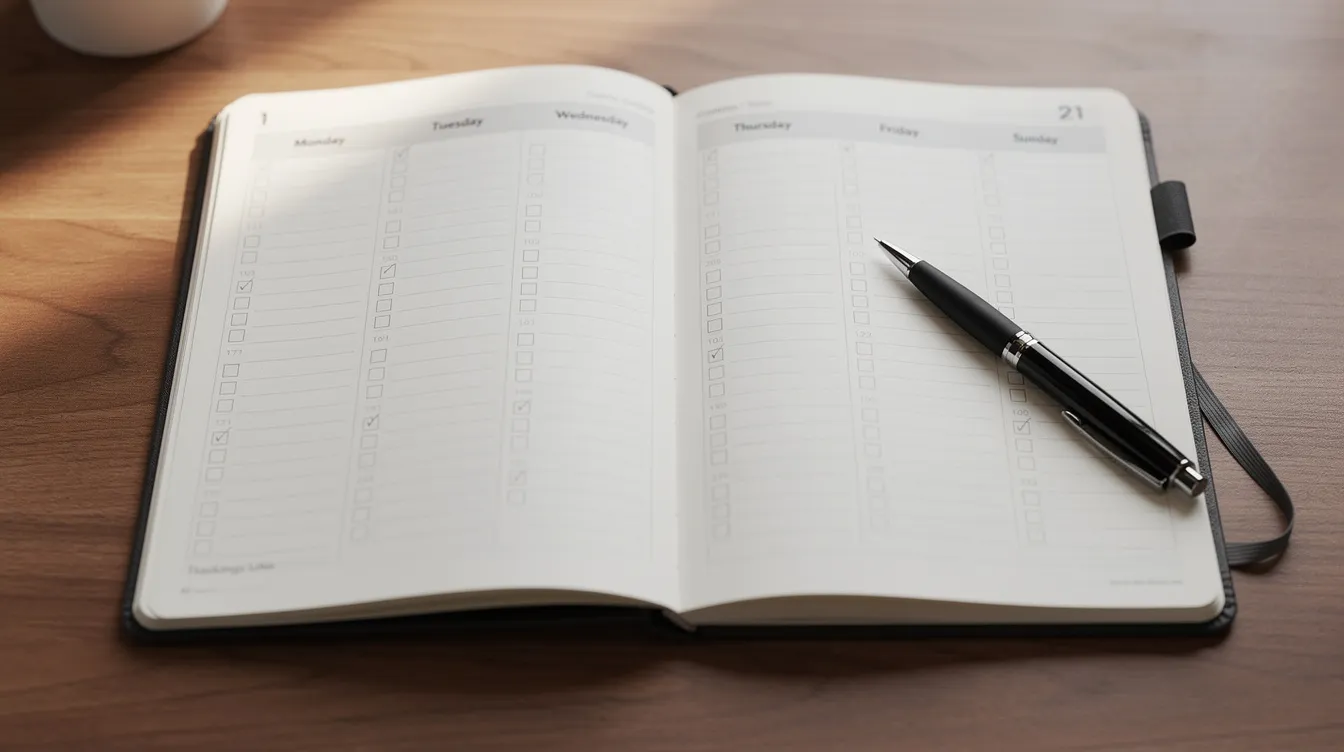 An open personal planner rests on a desk, accompanied by a pen, displaying a weekly tracking schedule filled with organized notes and tasks. This image highlights the importance of planning and tracking for activities, which can be essential for breastfeeding mothers managing nipple sensitivity or inverted nipples.
