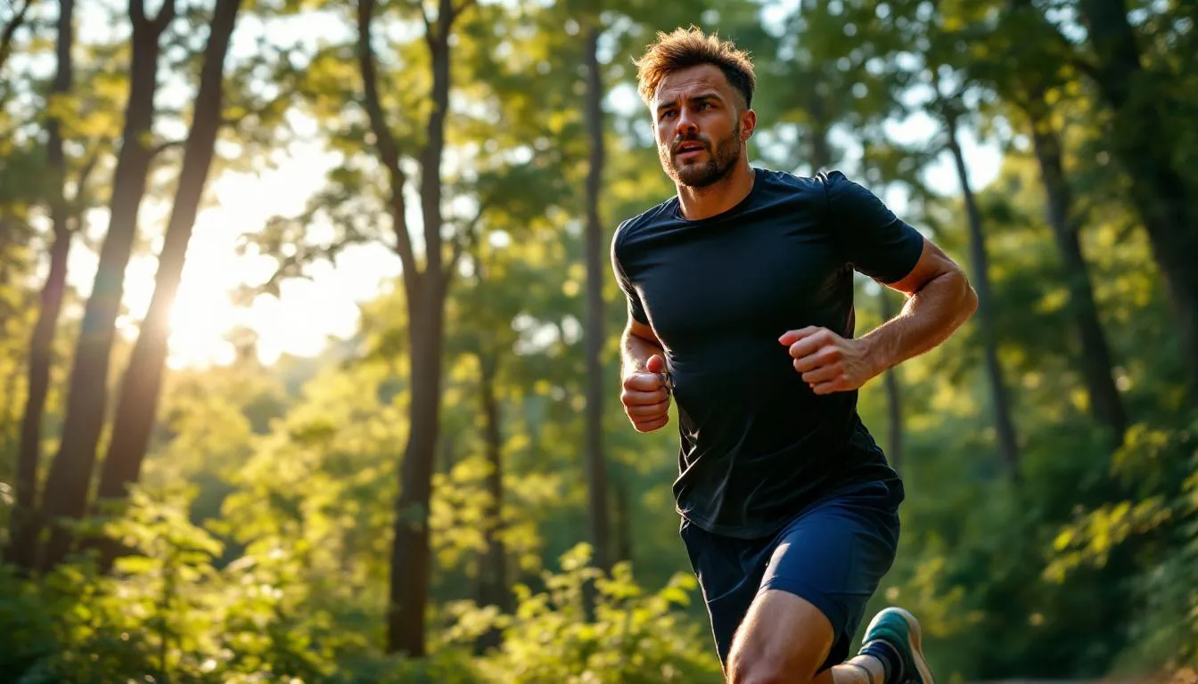 A person is exercising outdoors, radiating energy and vitality, showcasing the benefits of physical activity for overall health and mental well-being. Engaging in such activities can support magnesium absorption and improve mood, contributing to better mental and physical health.