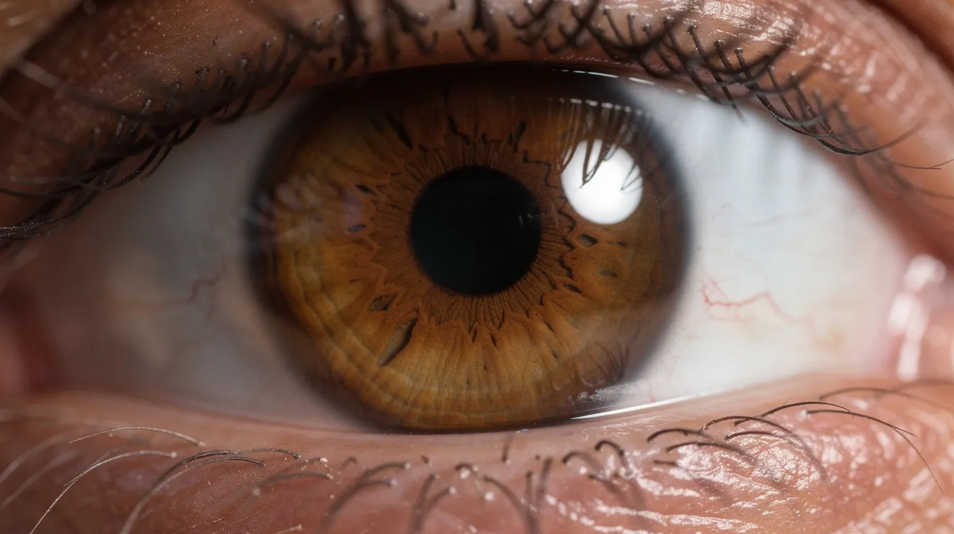 Die Nahaufnahme zeigt ein menschliches Auge mit auffälligen Lichtreflexen auf der Iris, die die Struktur und Farben des Auges betonen. Diese Darstellung könnte bei kurzsichtigen oder weitsichtigen Menschen die Bedeutung der Sehschwäche und die Notwendigkeit von Brillen oder Kontaktlinsen verdeutlichen.