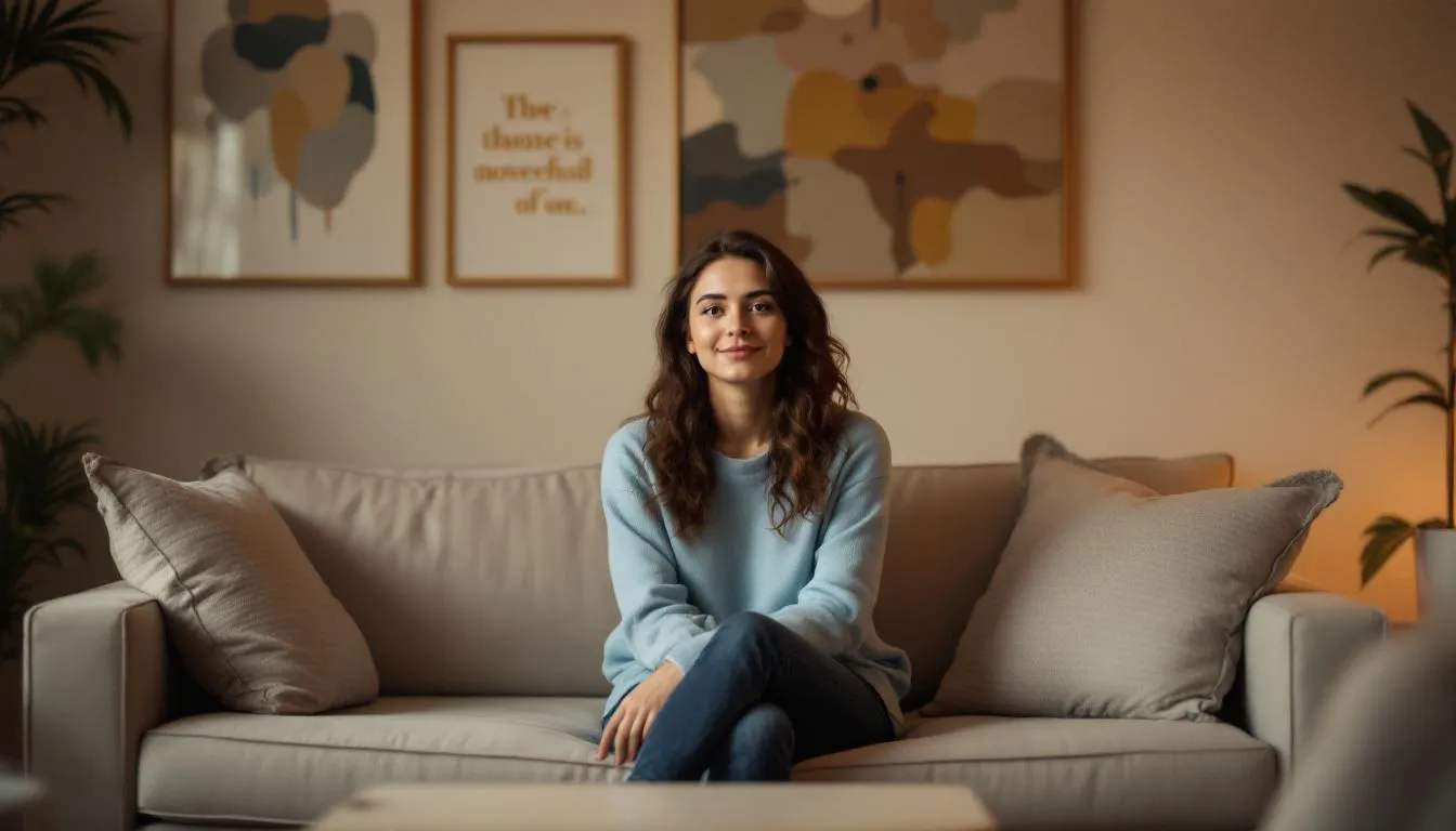 A person is sitting comfortably in a therapist's office, preparing for their first therapy session, surrounded by a calming environment that promotes mental health support. The scene reflects a space where individuals can address their mental health conditions and seek professional help.
