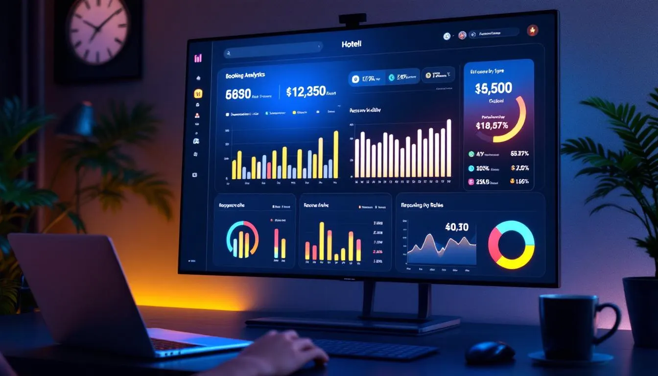 The image displays a hotel management dashboard featuring various booking analytics and revenue metrics, showcasing key data such as room availability, guest details, and booking channels. This comprehensive hotel reservation system is designed to streamline the reservation process and enhance the guest experience in the hospitality industry.