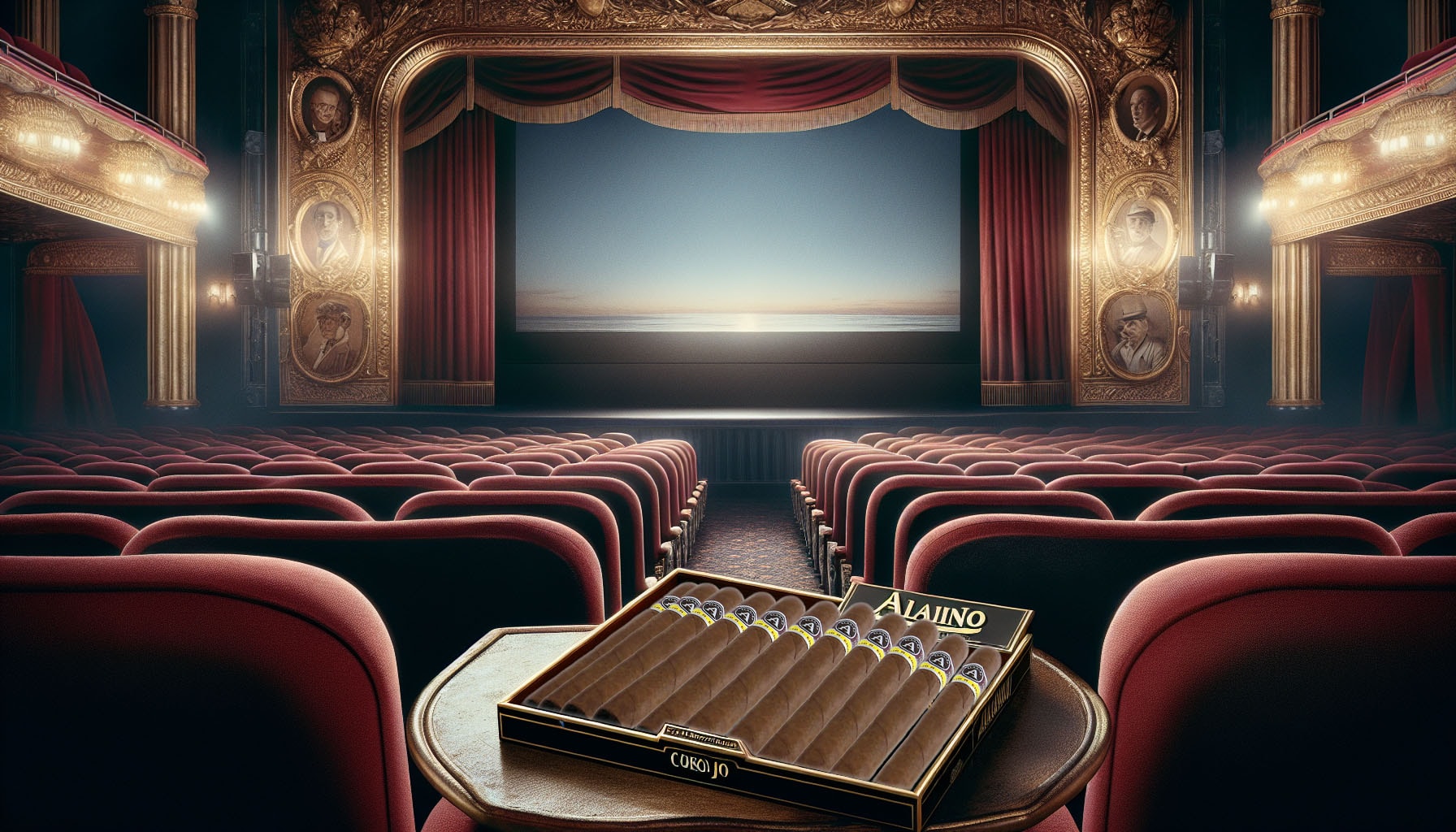 A vintage movie theater setting with Aladino Corojo cigars displayed.