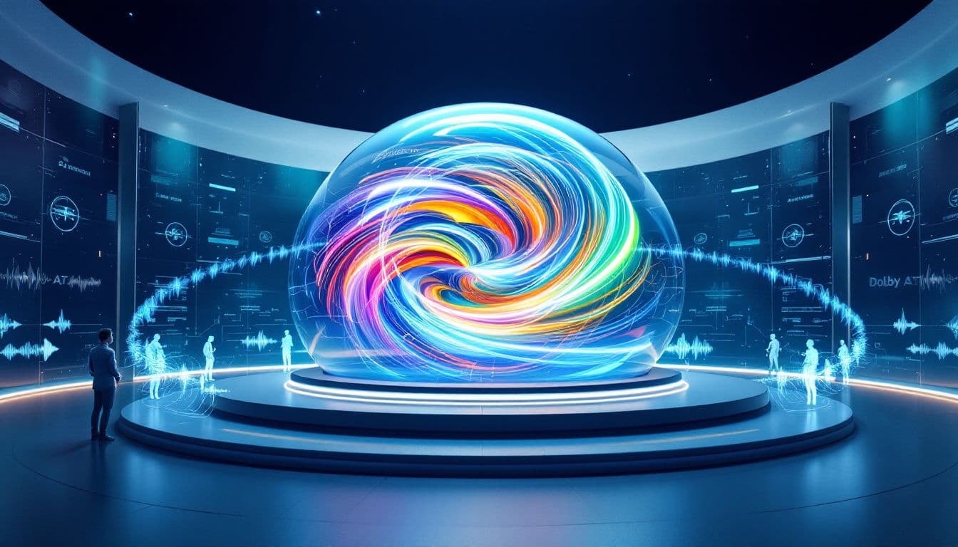 An illustration depicting the mixing process in Dolby Atmos, showcasing various audio tracks.