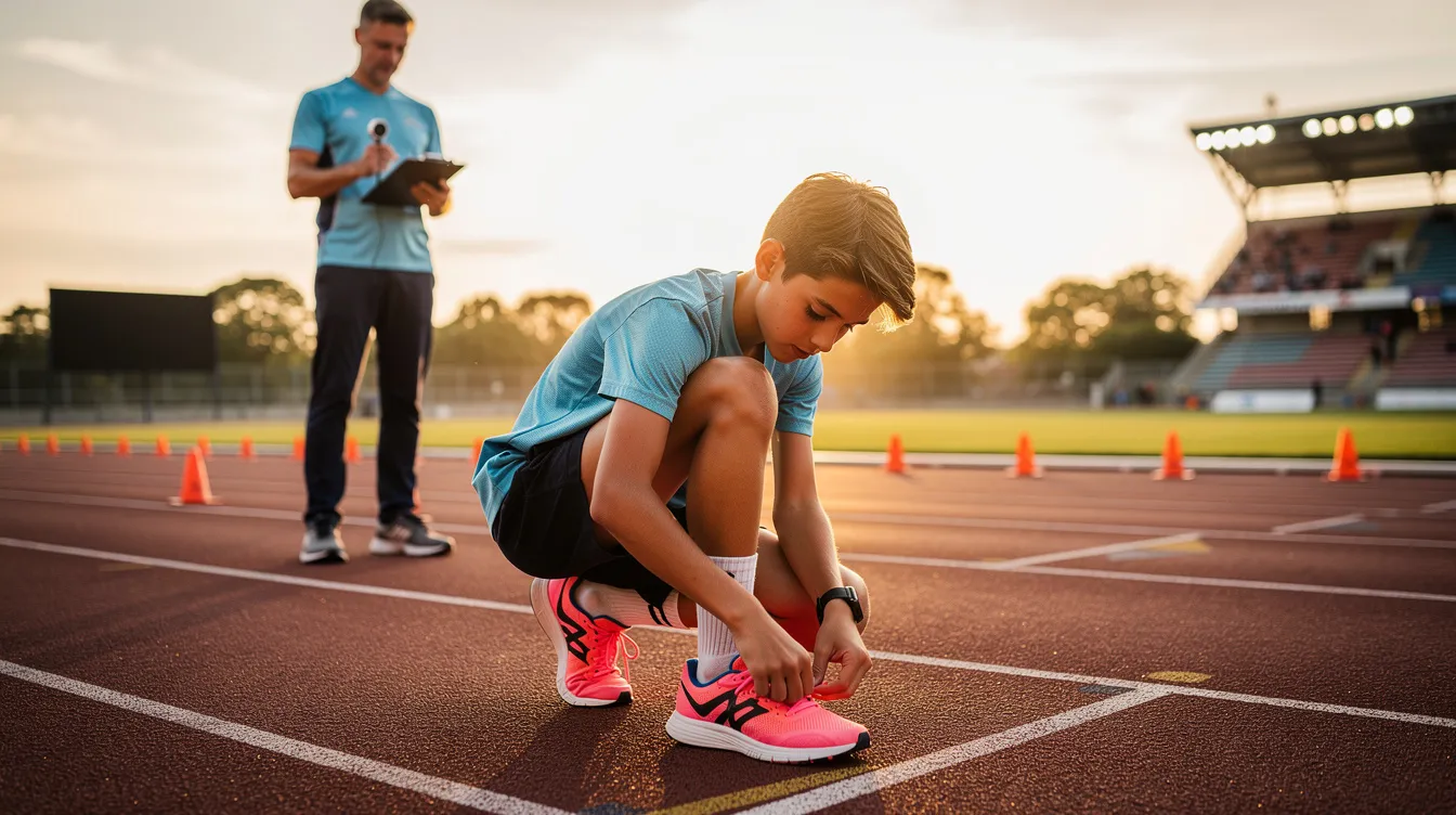 A teen athlete is kneeling down to tie their shoes before a supervised training session, emphasizing the preparation and focus needed for high-intensity exercise. This moment highlights the importance of proper hydration and nutrition, including the potential role of creatine supplementation in enhancing athletic performance for young athletes.