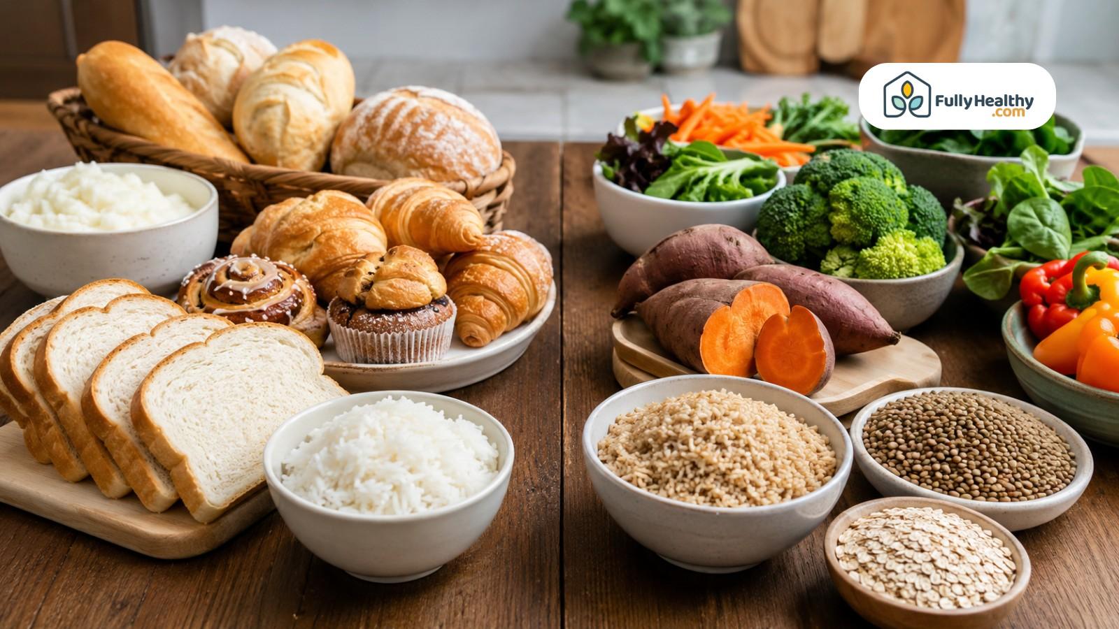 Refined breads and pastries beside fiber-rich grains, lentils, vegetables, and sweet potatoes