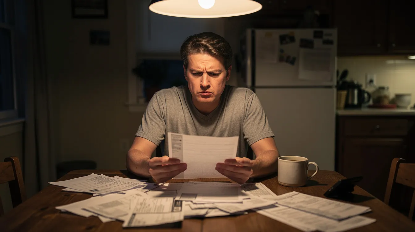 A person sits at a kitchen table, looking concerned as they review paperwork related to their social security disability claim. The documents likely include medical records and information about disability benefits, reflecting their need for financial assistance and support from a social security disability attorney.