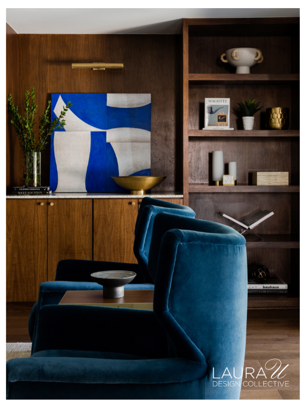 Walnut library built-ins with open shelving, cabinetry, and contemporary styling in a mid-century home office.