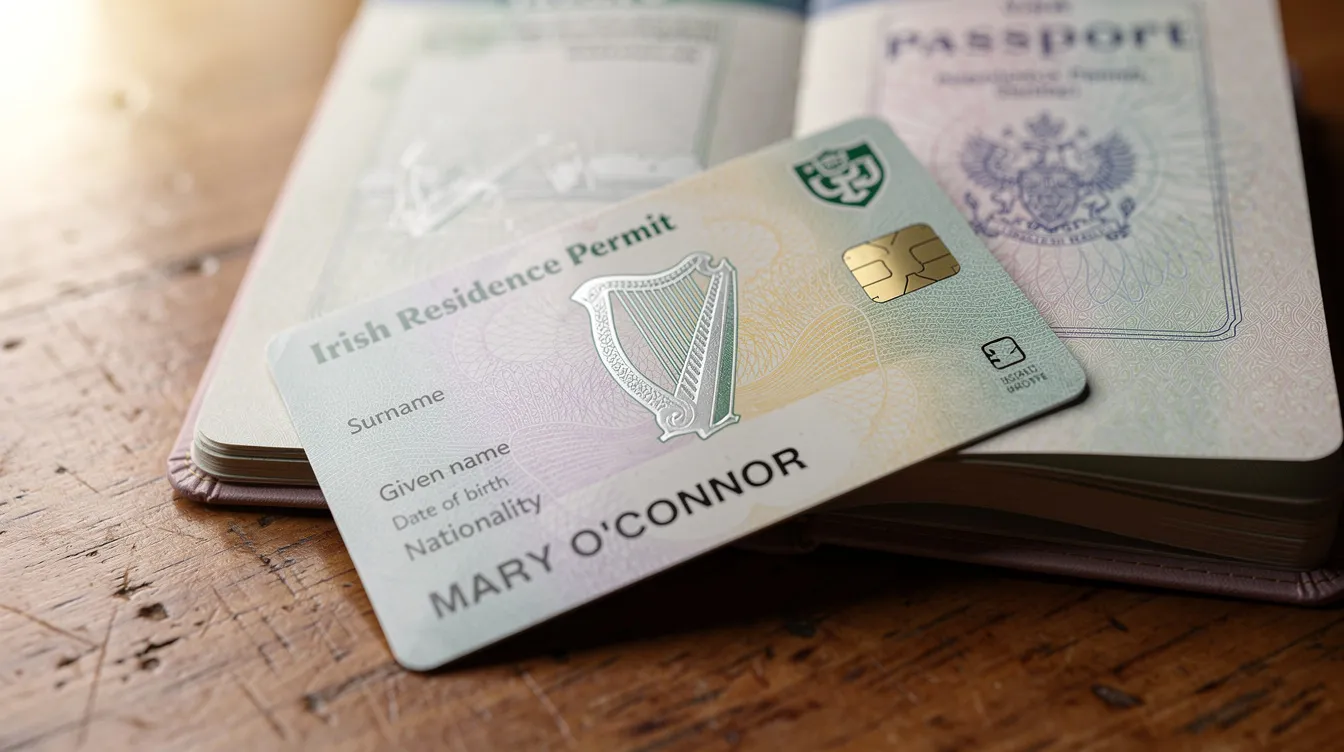 An Irish Residence Permit card is placed on an open passport, both resting on a wooden table, symbolizing the immigration registration process in Ireland. This image could represent the necessary documentation for applicants attending their appointment at the Burgh Quay registration office or other immigration service delivery locations.