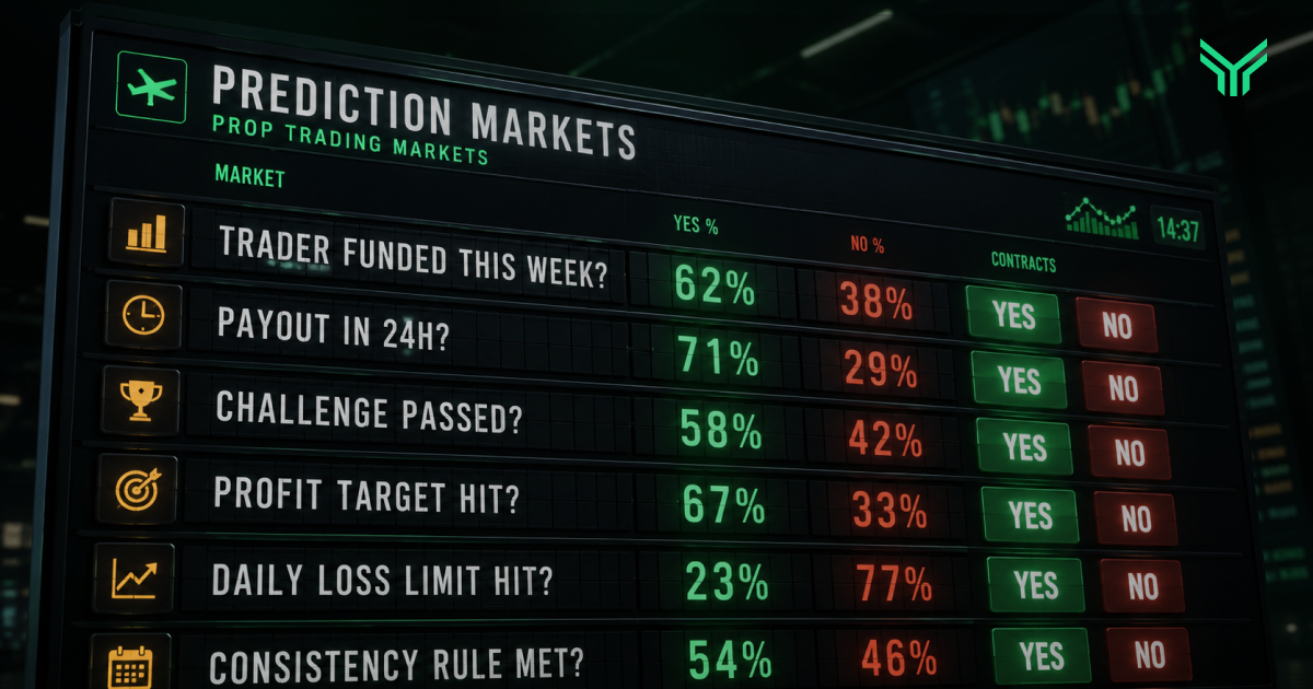 Concept graphic from Funding Traders styled as a prediction markets board for prop trading, resembling a departure display. Rows list markets such as "Trader Funded This Week?" at 62% yes, "Payout in 24h?" at 71% yes, "Challenge Passed?" at 58% yes, "Profit Target Hit?" at 67% yes, "Daily Loss Limit Hit?" at 23% yes, and "Consistency Rule Met?" at 54% yes, each with green yes and red no percentages plus tradeable YES and NO contract buttons, framing trader outcomes as betting odds