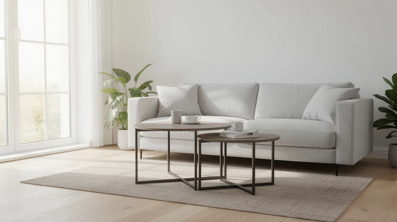 Två moderna satsbord i olika storlekar, ett med en diameter på 80 cm och ett annat något mindre, står placerade bredvid en soffa i ett ljust och luftigt vardagsrum. Borden är tillverkade av trä och metall, vilket ger en stilren och elegant känsla i hemmet.