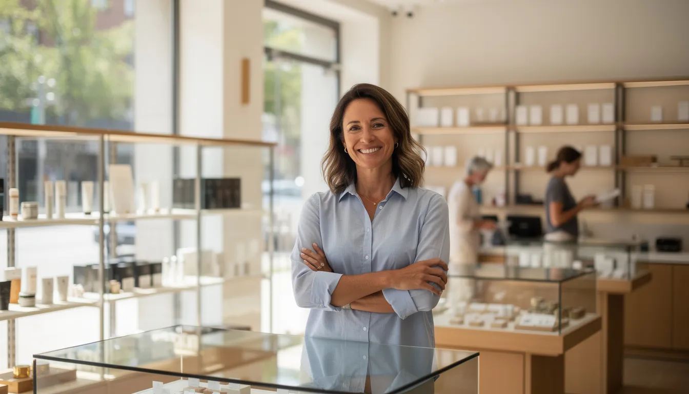 The image features a confident small business owner standing in a retail shop, exuding a sense of success and professionalism. The setting conveys themes of transparency and trust, highlighting the owner's active role in managing their business and finances effectively.