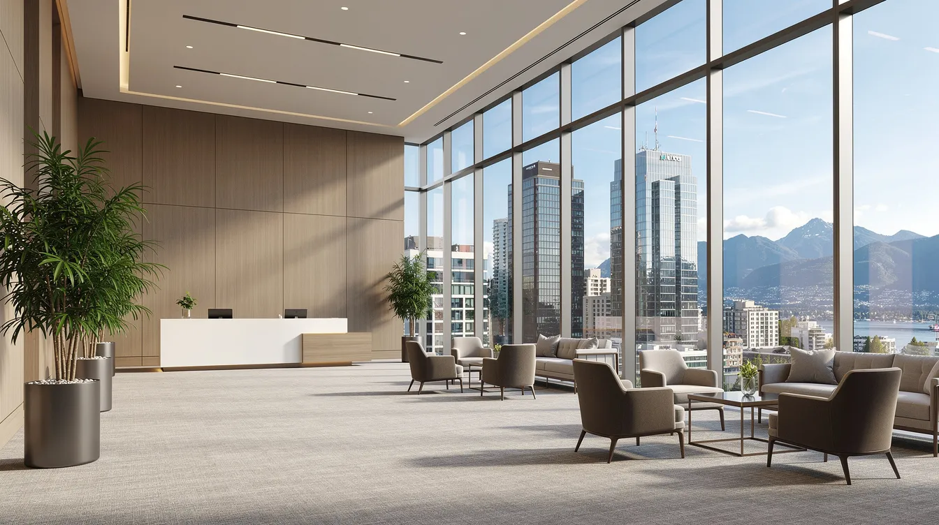 The image depicts a clean, modern high-rise lobby in Vancouver, featuring a plush carpeted floor and large windows that showcase the city skyline. This inviting space highlights the importance of professional carpet cleaning to maintain well-maintained carpets and improve indoor air quality.