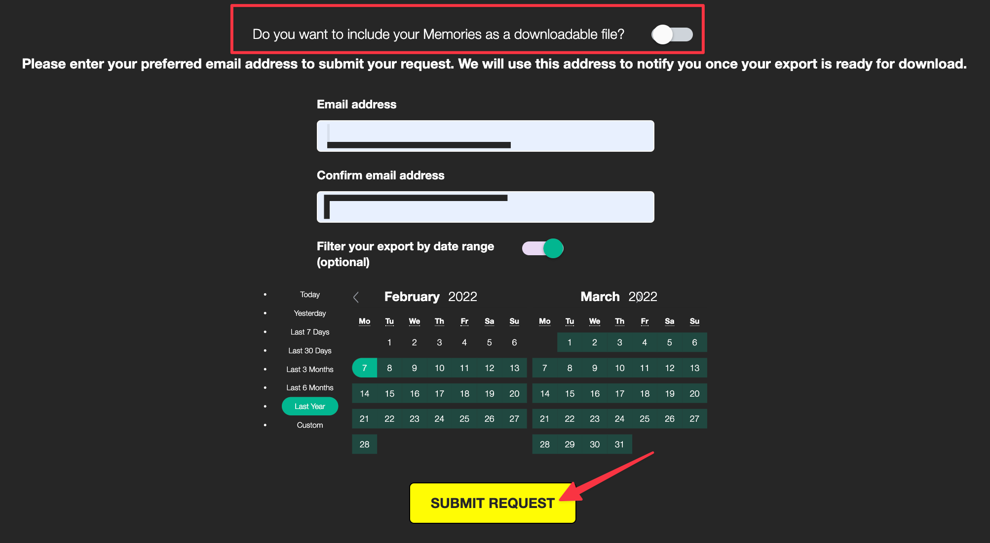 Remote.tools shows the Download my data page to get deleted snapchat messages. The recoverable data (including deleted messages) can be filtered by clicking on submit request button
