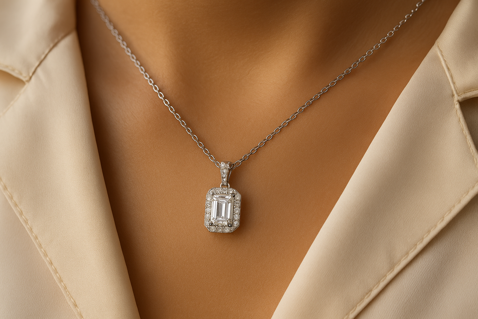 PPakabukas su smaragdo pjūvio (emerald cut) deimantu baltame aukse, apsuptas deimantais halo dizainu