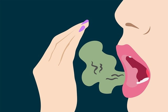 A cartoon image of a woman holding her hand close to her mouth trying to stop the green substance that symbolizes bad breath. 