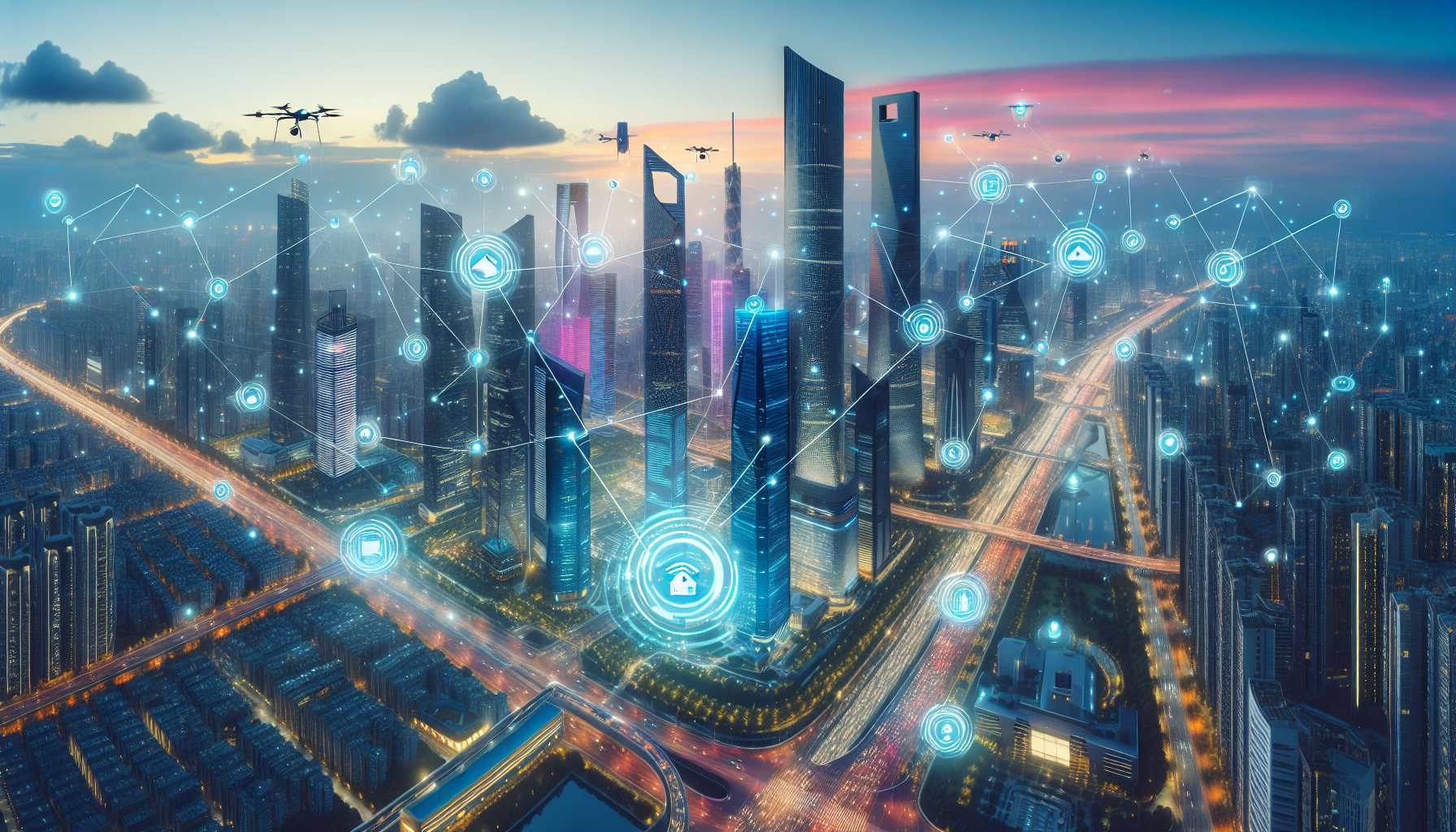 Smart city skyline with interconnected IoT devices