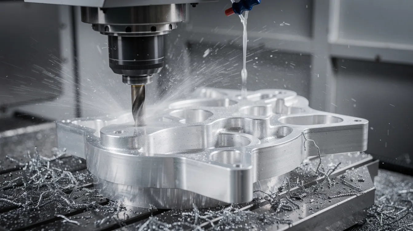 A close-up view of a 5-axis CNC machining center actively cutting an aluminum aerospace component, with coolant spray visible and metal chips scattered around, showcasing the precision machining services involved in creating high-quality CNC machined parts. The image highlights the intricate details of the machining process essential for achieving tight tolerances and complex geometries in aerospace manufacturing.