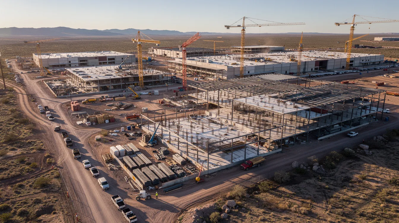 An aerial view showcases a sprawling construction site in a western American landscape, featuring multiple commercial buildings under construction. The image highlights the dynamic nature of the construction industry, where general contractors and subcontractors work together to achieve project completion while maintaining high standards of quality assurance.