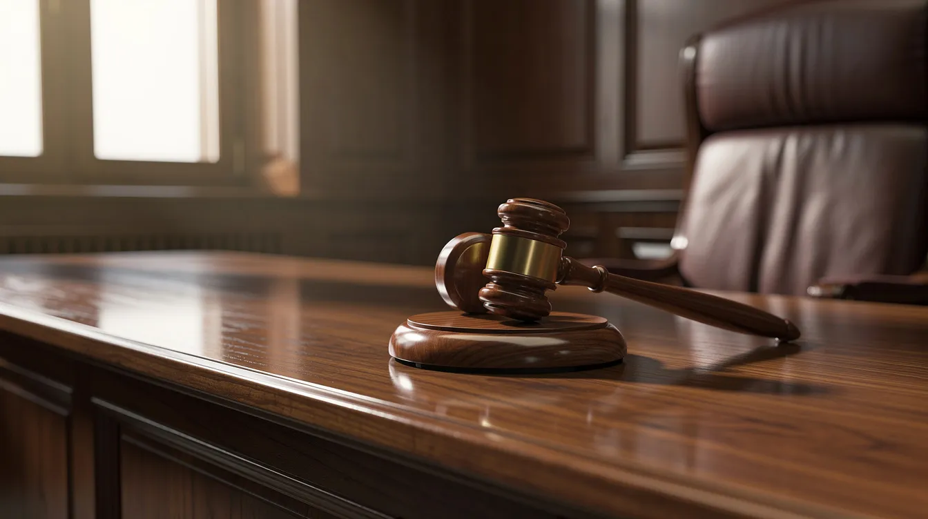 The image shows a wooden gavel resting on a judge's bench in a courtroom, symbolizing the authority of the law and the judicial system. The gavel is typically used to call the court to order and maintain security during legal proceedings.